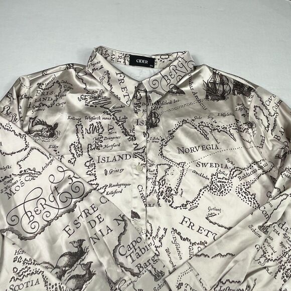 Cider Satin Map Print Shirt Collared Button Down Long Sleeve Silky Travel 2XL - Picture 3 of 10